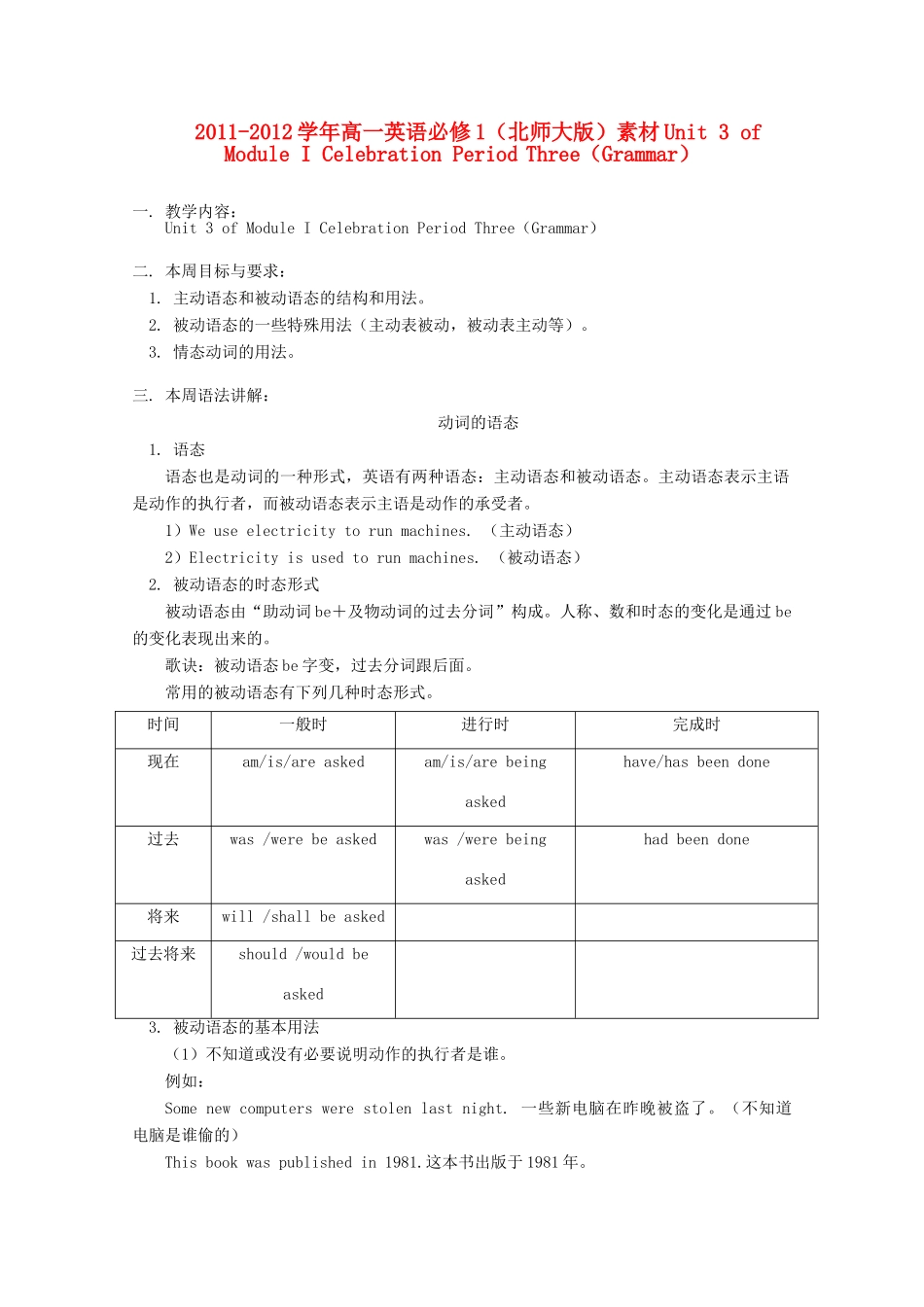 2011-2012学年高中英语 Unit 3 of Module I Celebration Period Three（Grammar）素材 北师大版必修1_第1页