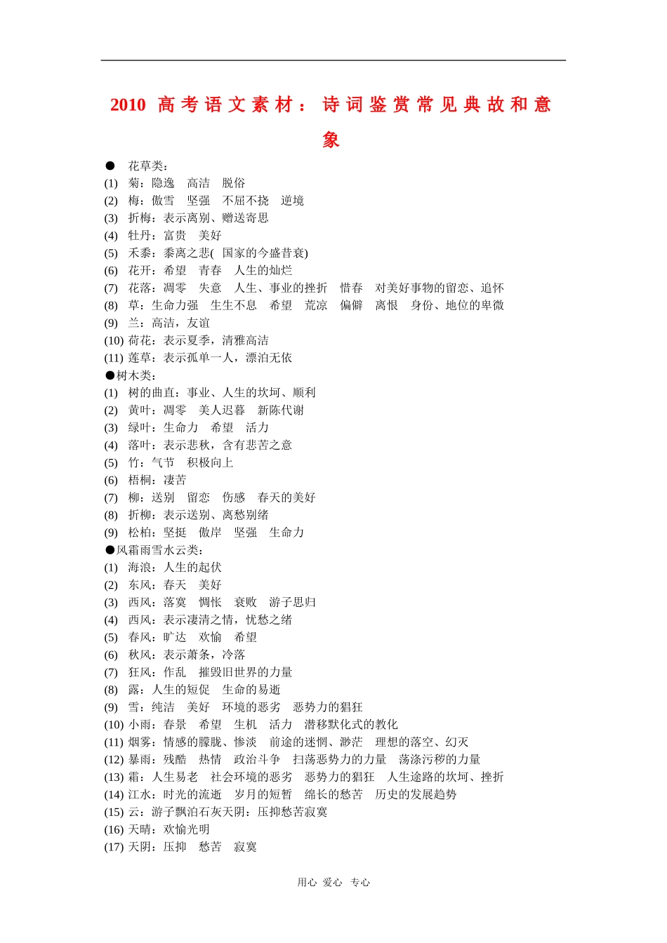 2010高中语文高考素材：诗词鉴赏常见典故和意象_第1页