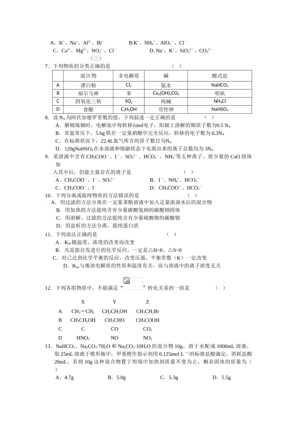 2011年高考化学 选择题题组训练（学生版）素材_第3页