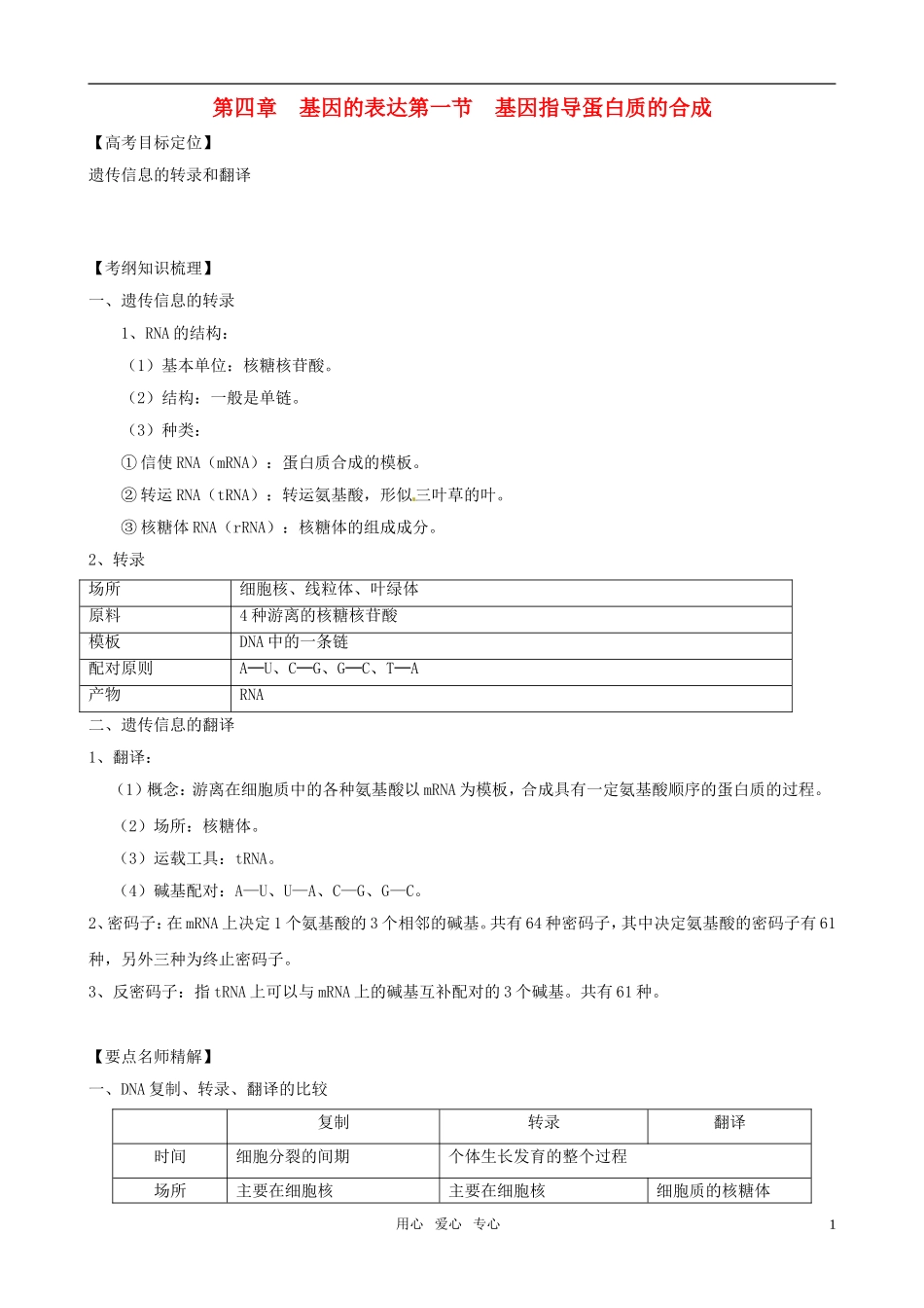2011版高中生物一轮复习 4.1 基因指导蛋白质的合成精品学案 新人教版必修2_第1页