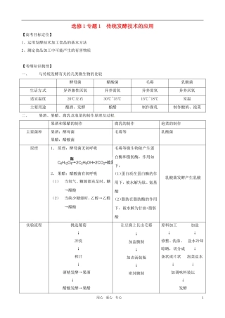 2011版高中生物一轮复习 专题1 传统发酵技术的应用精品学案 新人教版选修1
