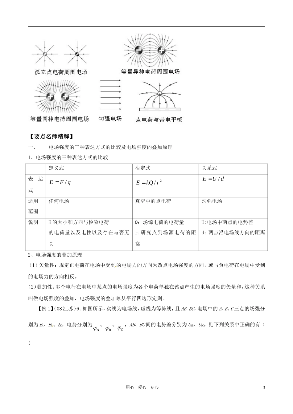 2011版高中物理一轮复习 61电场力的性质的描述精品学案  新人教版选修3-1_第3页