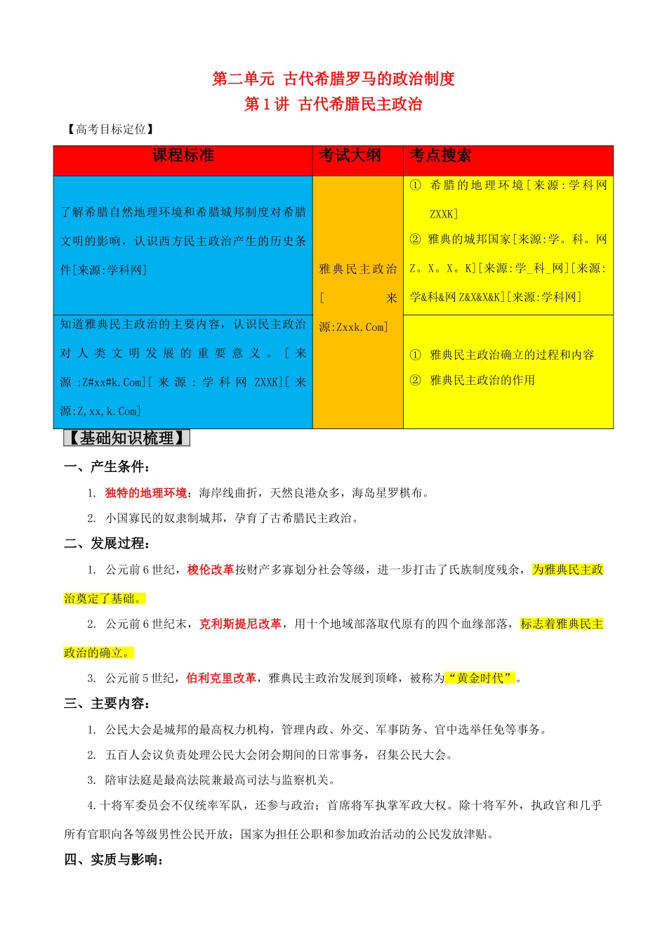 2011版历史一轮精品复习学案：2.1 古代希腊民主政治（必修一）_第1页