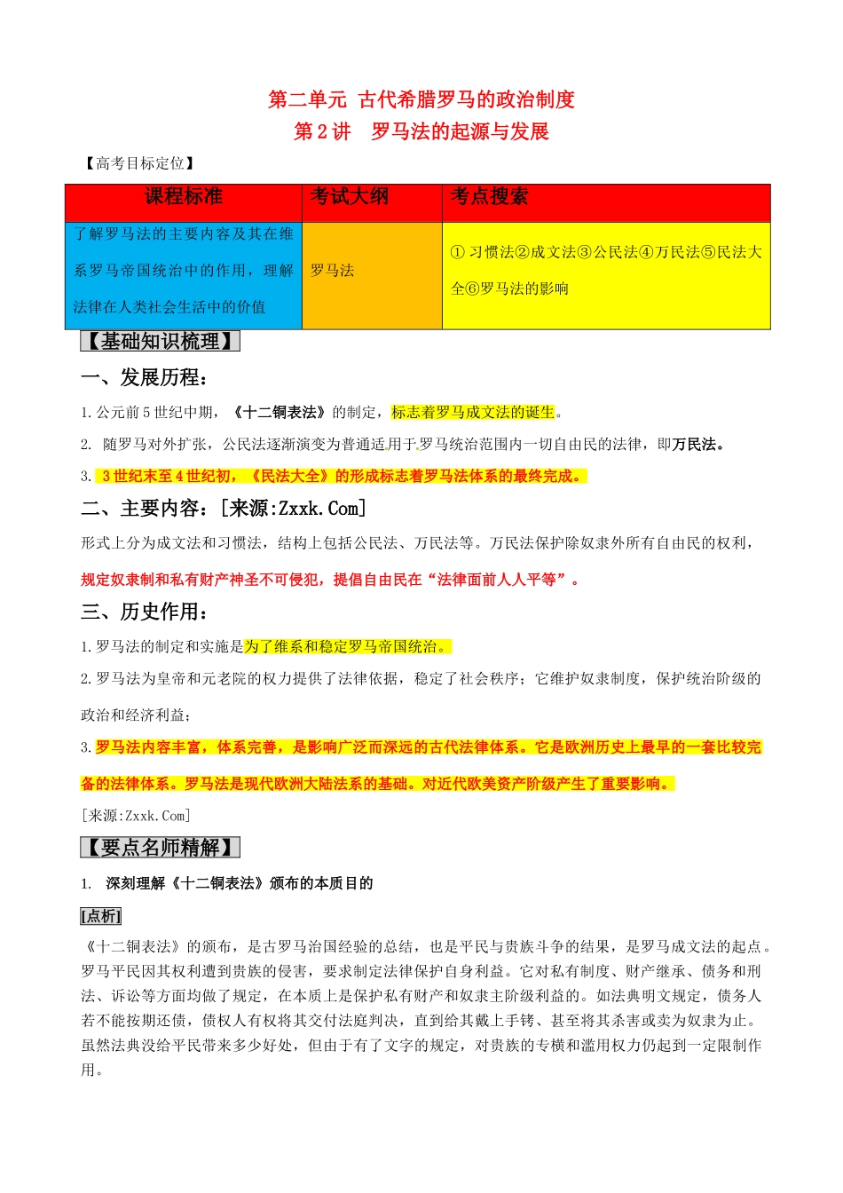 2011版历史一轮精品复习学案：2.2 罗马法的起源与发展（必修一）_第1页