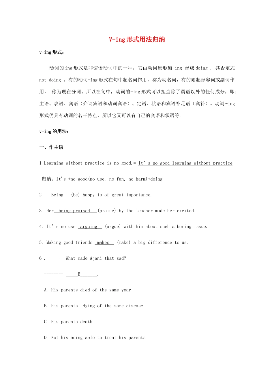 2011江苏省怀仁中学高二英语 M5U2 V-ing形式用法归纳教案 牛津译林版_第1页