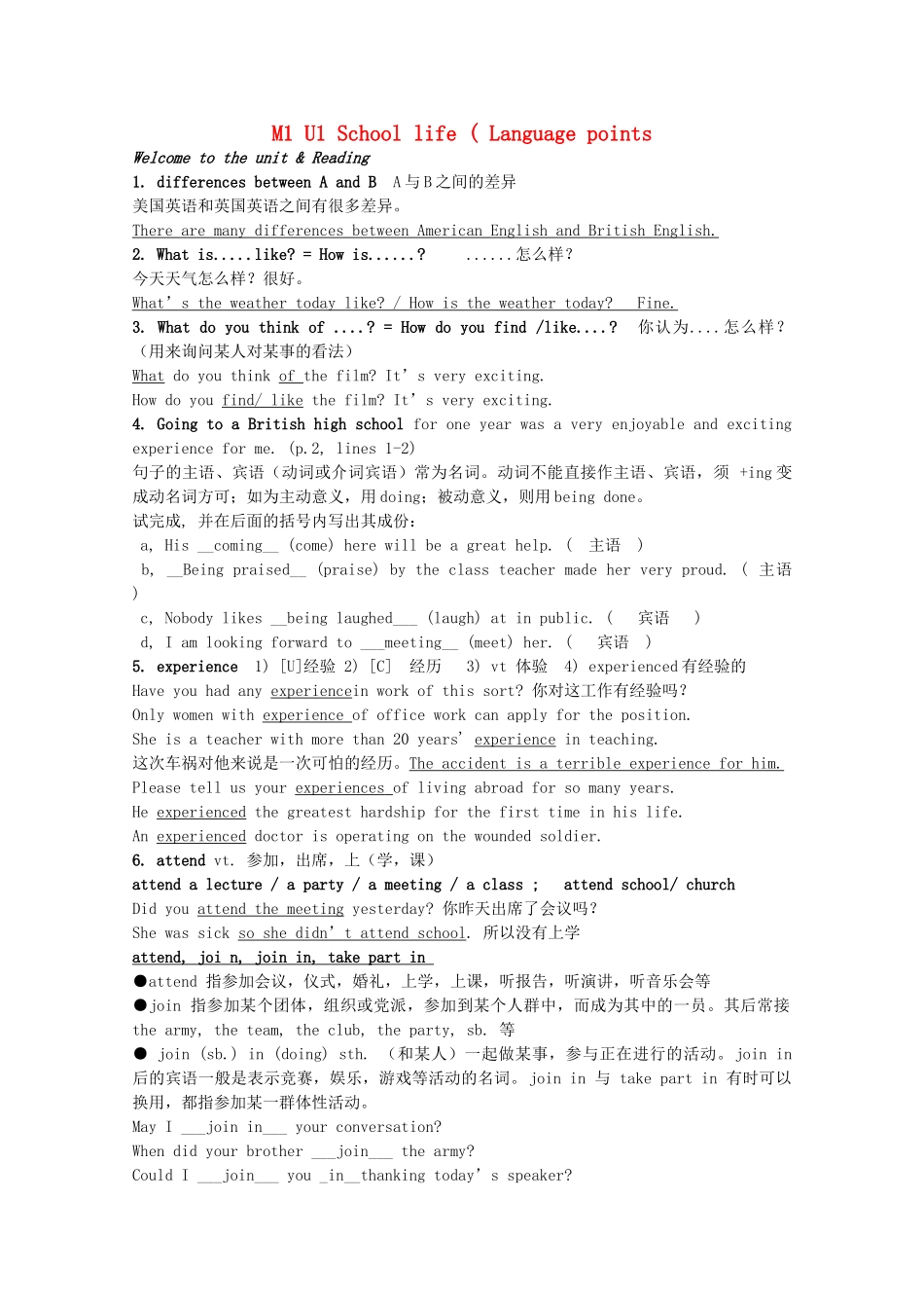 2011江苏省怀仁中学高一英语 M1U1 School life Language points语言点教案 牛津译林版_第1页