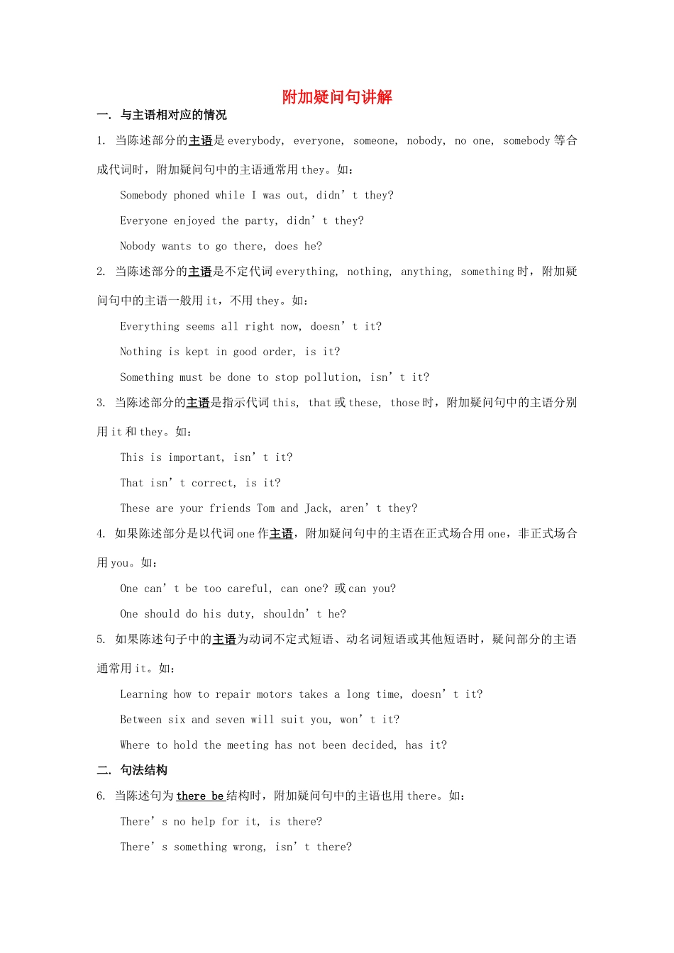 2011江苏省怀仁中学高一英语 M1U3 附加疑问句讲解教案 牛津译林版_第1页