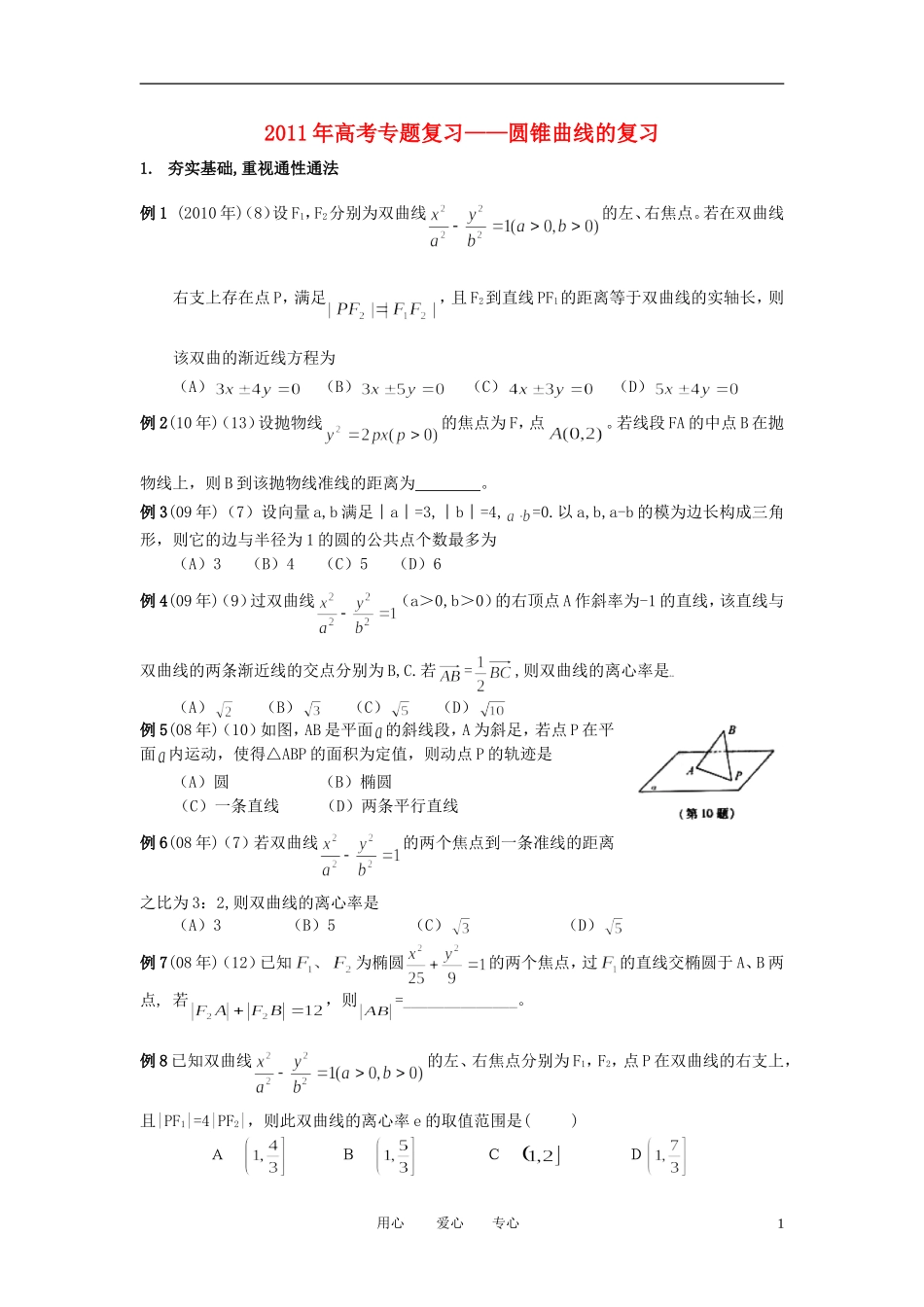2011年高考数学 专题复习 圆锥曲线的复习素材_第1页