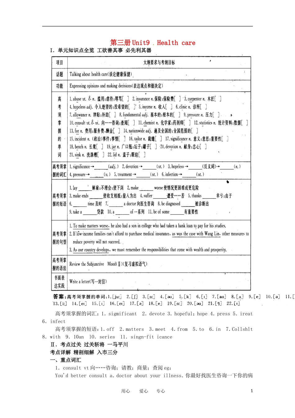 2011年高考英语总复习知识点精讲精析与高考试题预测 Unit 9 Health care 人教版大纲第三册_第1页