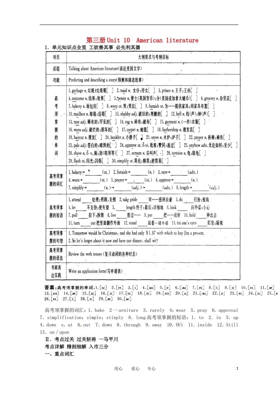 2011年高考英语总复习知识点精讲精析与高考试题预测 Unit 10 American literature 人教版大纲第三册_第1页