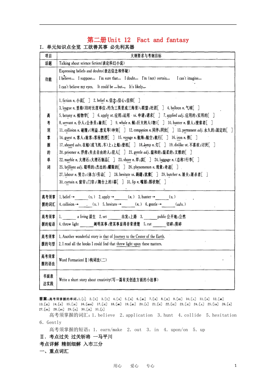 2011年高考英语总复习知识点精讲精析与高考试题预测 Unit 12 Fact and fantasy 人教版大纲第二册_第1页