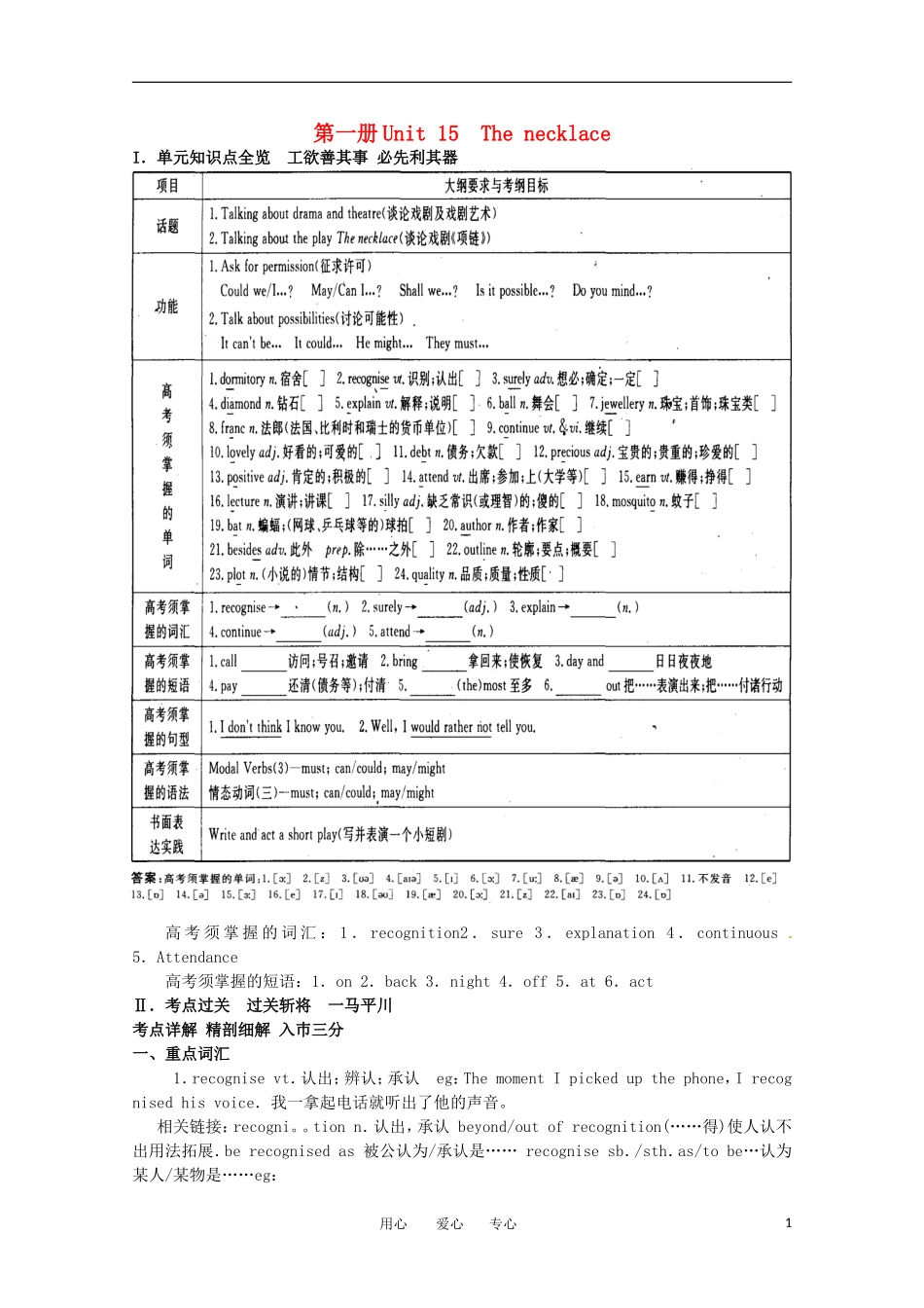 2011年高考英语总复习知识点精讲精析与高考试题预测 Unit 15 The necklace 人教版大纲第一册_第1页