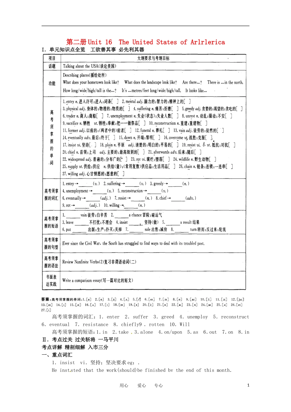 2011年高考英语总复习知识点精讲精析与高考试题预测 Unit 16 The United States of Arlrlerica 人教版大纲第二册_第1页