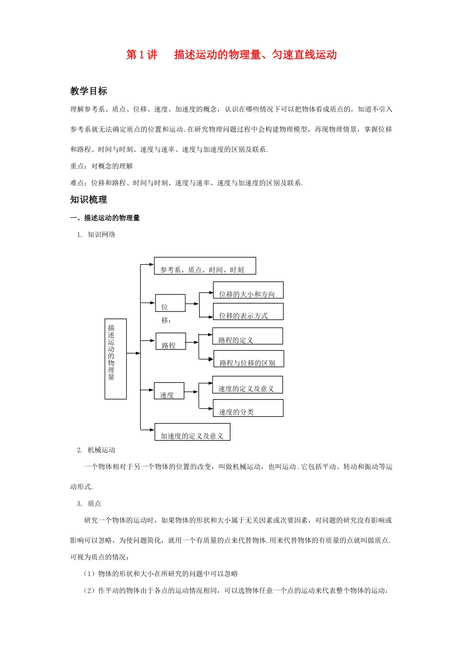 2011年高考物理一轮复习 第1章 运动的描述 匀变速直线运动的研究教案 新人教版_第1页