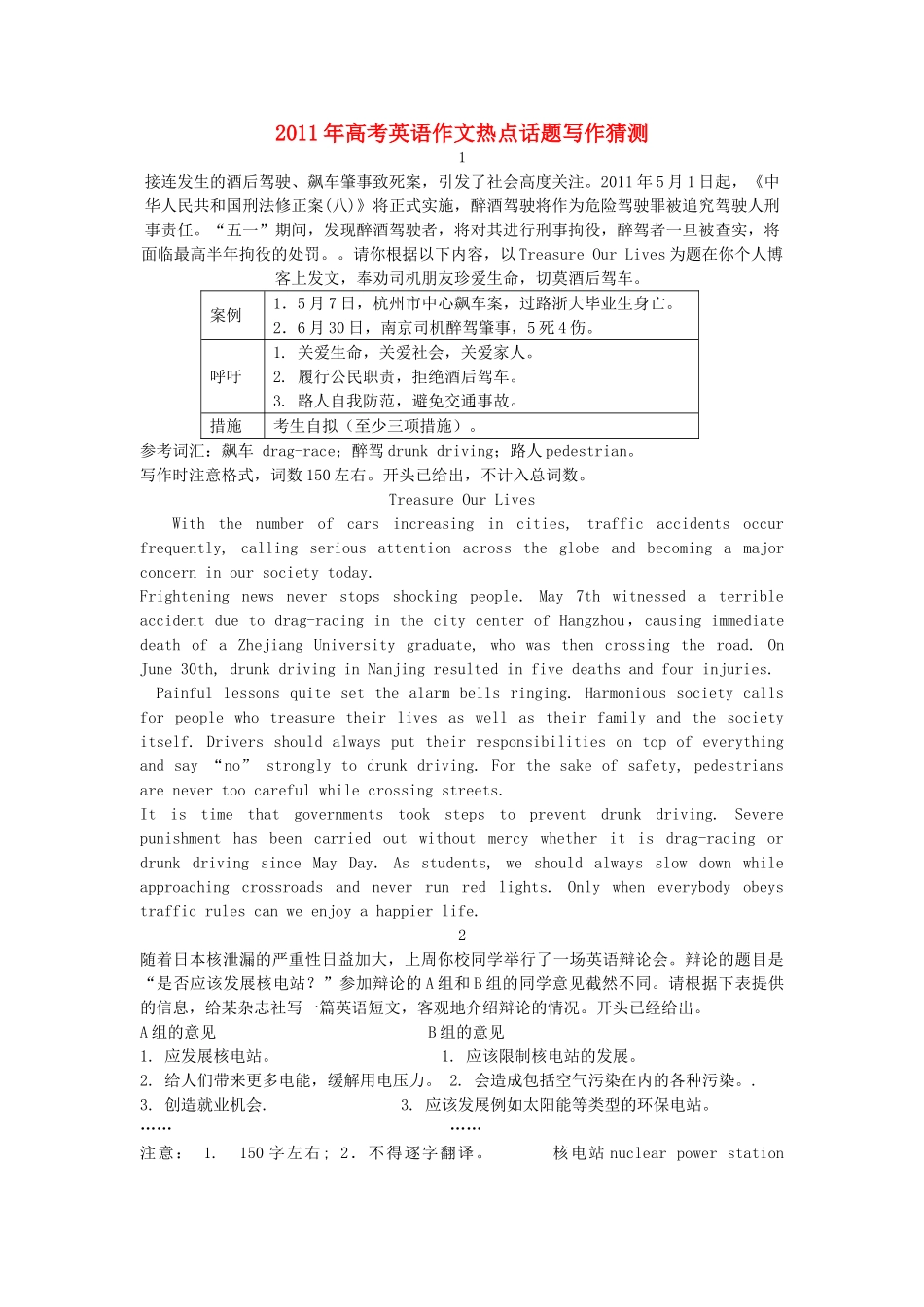 2011年高考英语 作文热点话题写作猜测_第1页