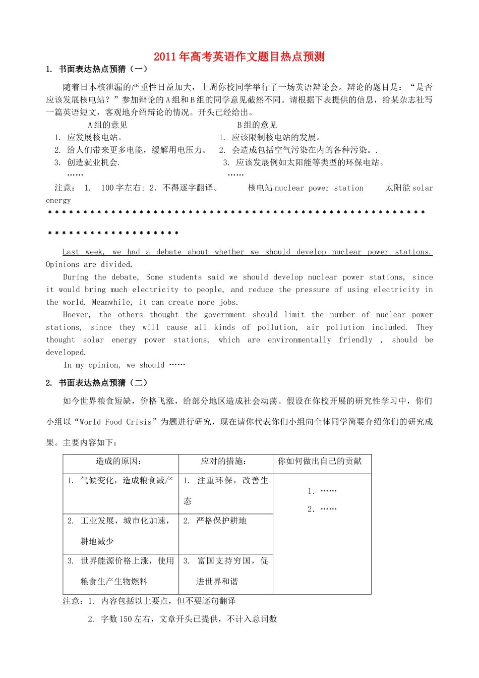 2011年高考英语 作文题目热点预测素材 北师大版_第1页