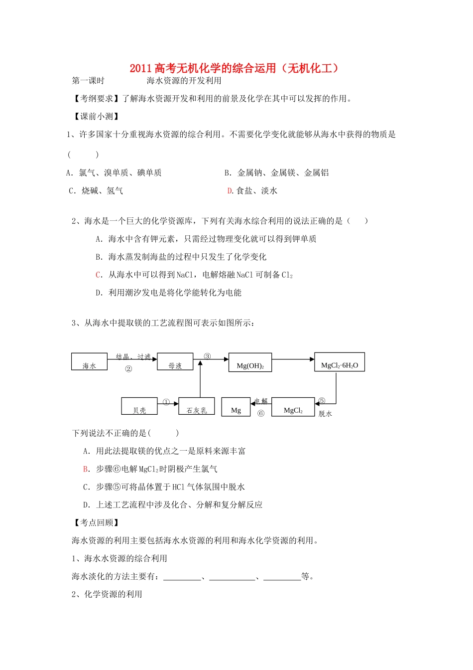 2011高考化学 无机化学的综合运用无机化工素材_第1页