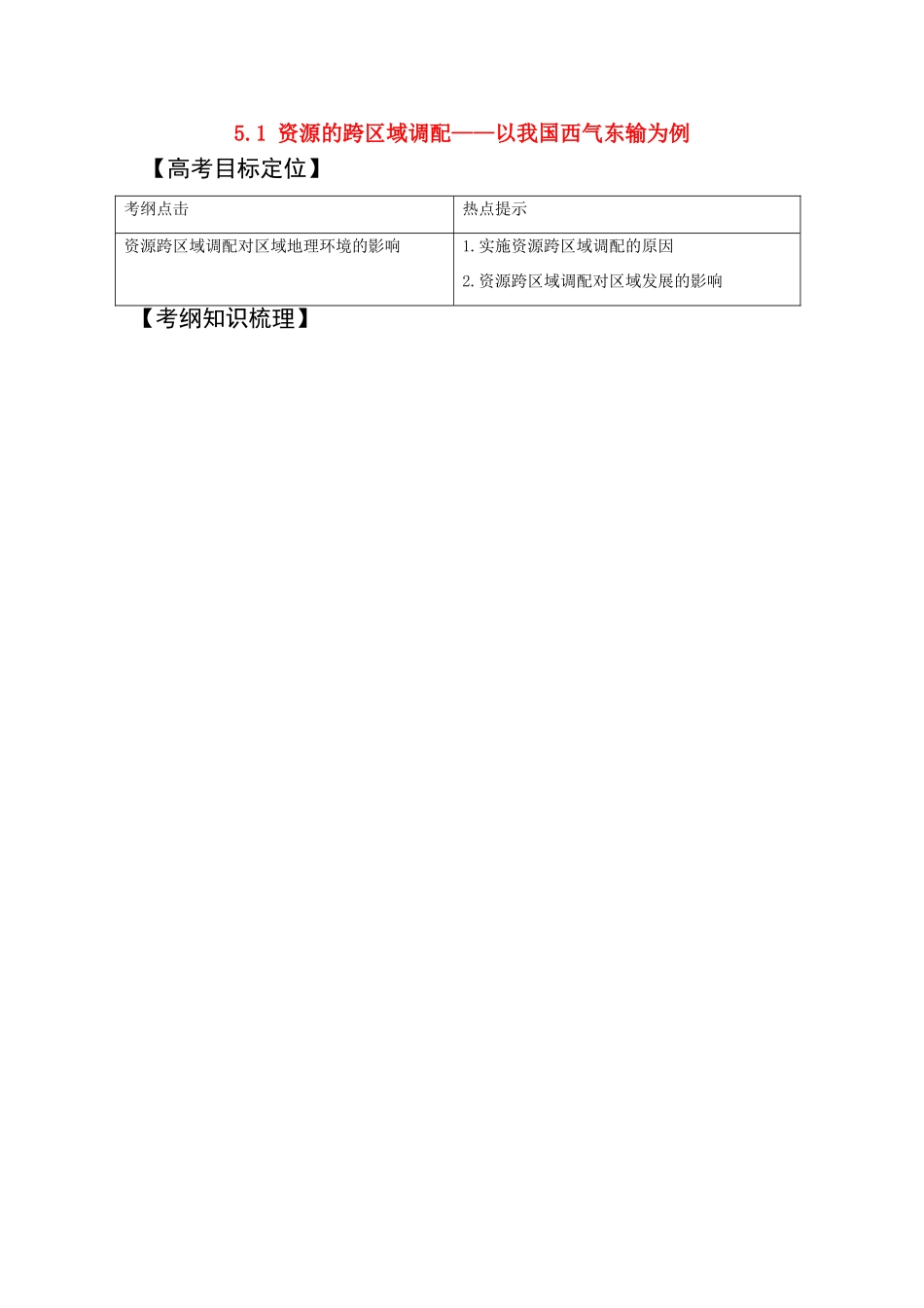 2011版高考地理一轮复习 5.1 资源的跨区域调配--以我国西气东输为例精品学案 新人教版必修3_第1页