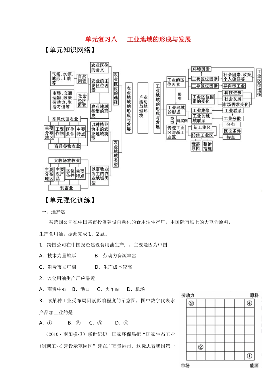 2011版高考地理一轮复习 单元复习 八工业地域的形成与发展精品学案 新人教版必修2_第1页