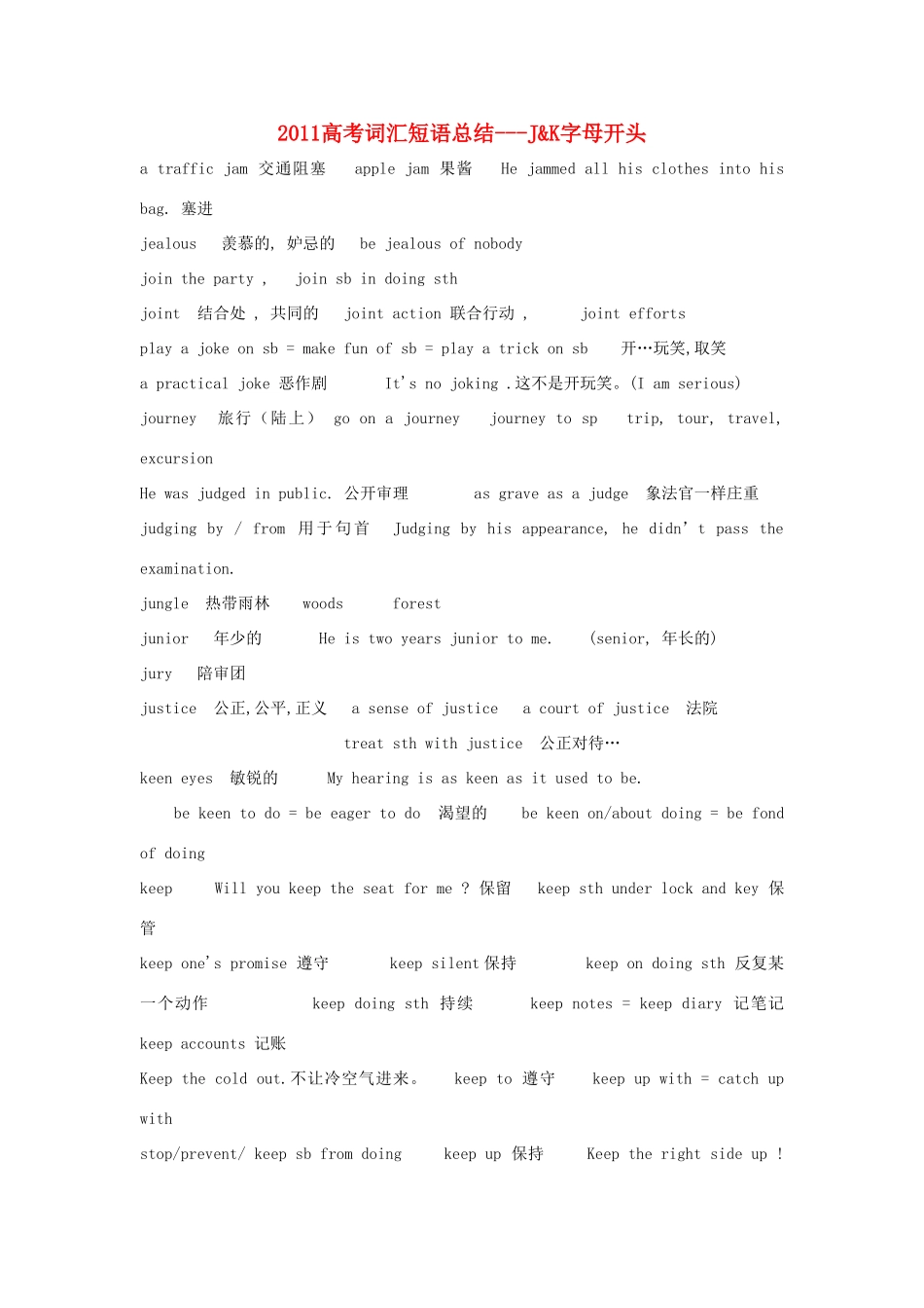 2011高考英语 词汇短语总结 J&K字母开头素材_第1页