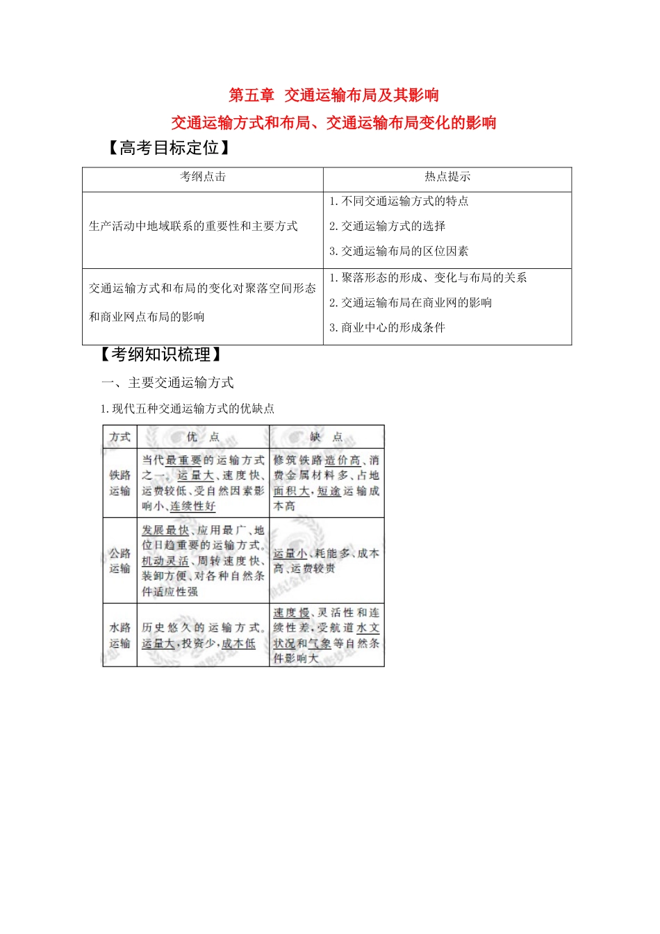 2011版高考地理一轮复习 交通运输方式和布局 交通运输布局变化的影响精品学案 新人教版必修2_第1页