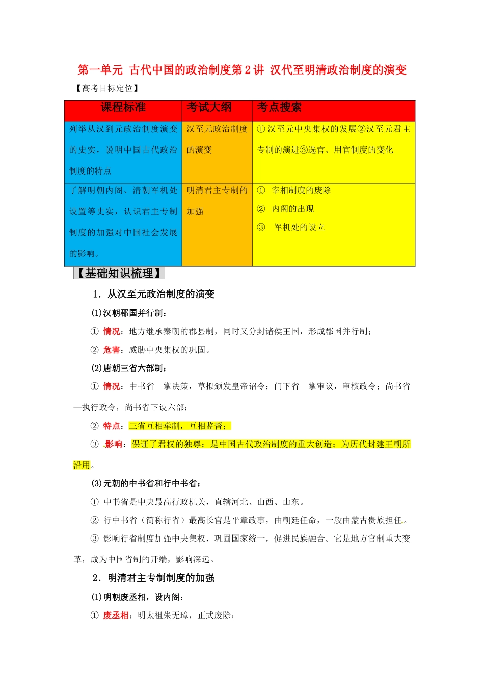 2011版高考历史一轮复习 1.2 汉代至明清政治制度的演变精品学案 必修1_第1页