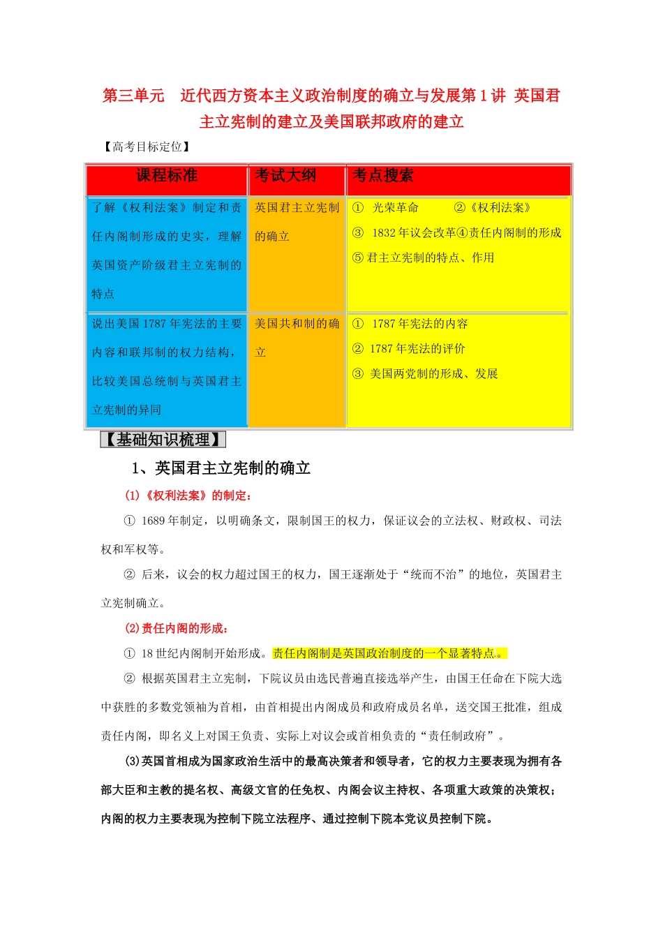 2011版高考历史一轮复习 3.1 英国君主立宪制的建立及美国联邦政府的建立精品学案 必修1_第1页