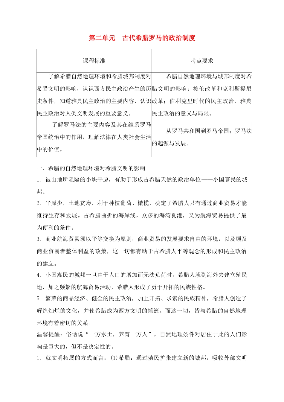 2011高考历史总复习学案练案一体化 第2单元 古代希腊罗马的政治制度 讲解全面 习题详解 新人教版必修1_第1页