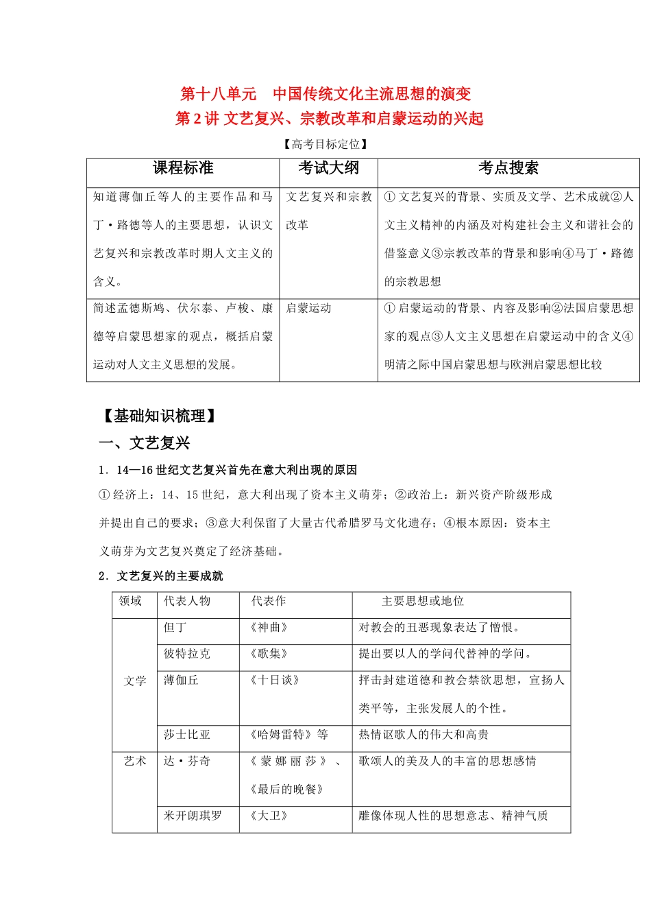 2011版高考历史一轮复习 18.2 文艺复兴、宗教改革和启蒙运动的兴起精品学案 必修3_第1页