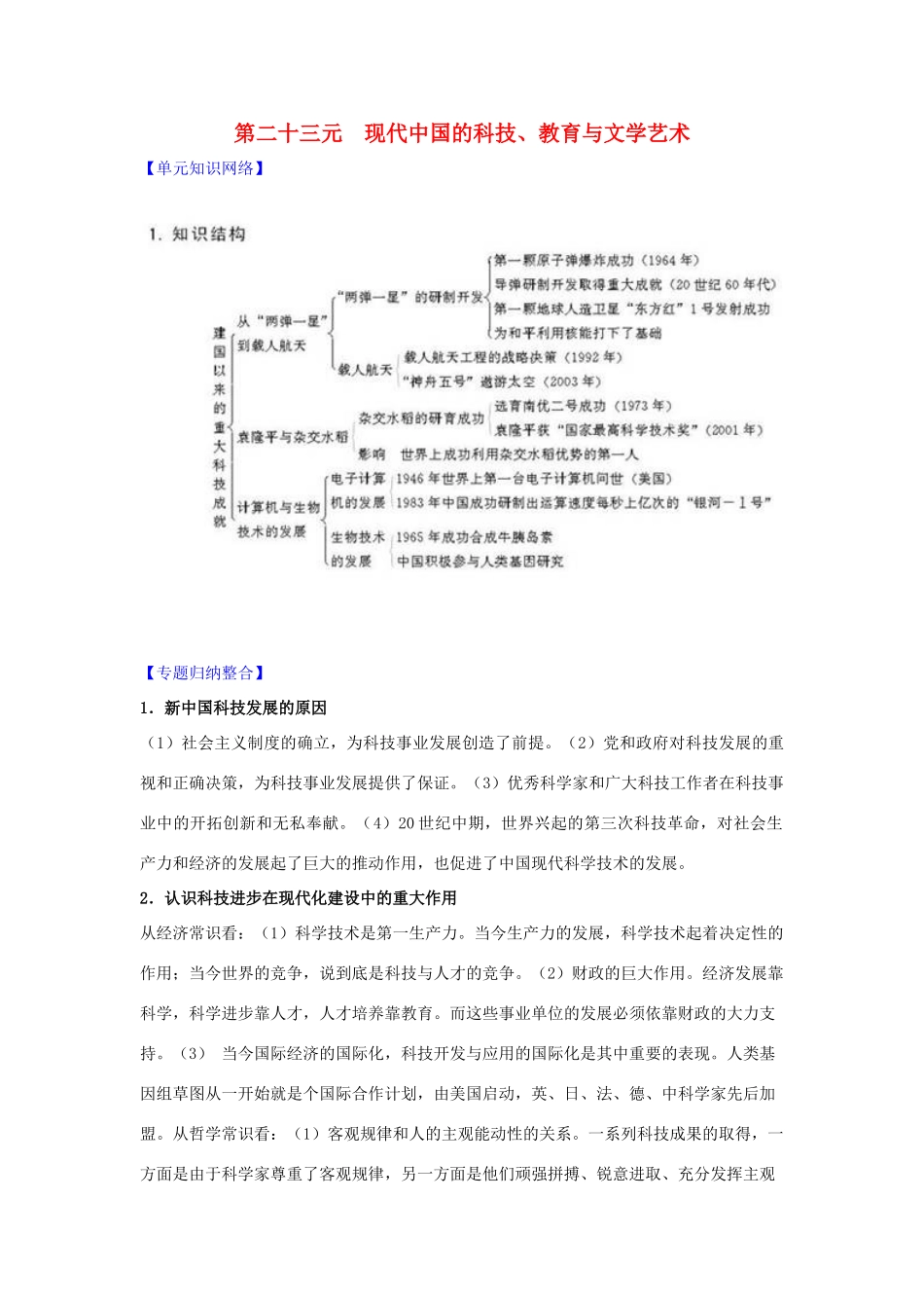 2011版高考历史一轮复习 第二十三元《现代中国的科技、教育与文学艺术》单元复习精品学案 必修3_第1页