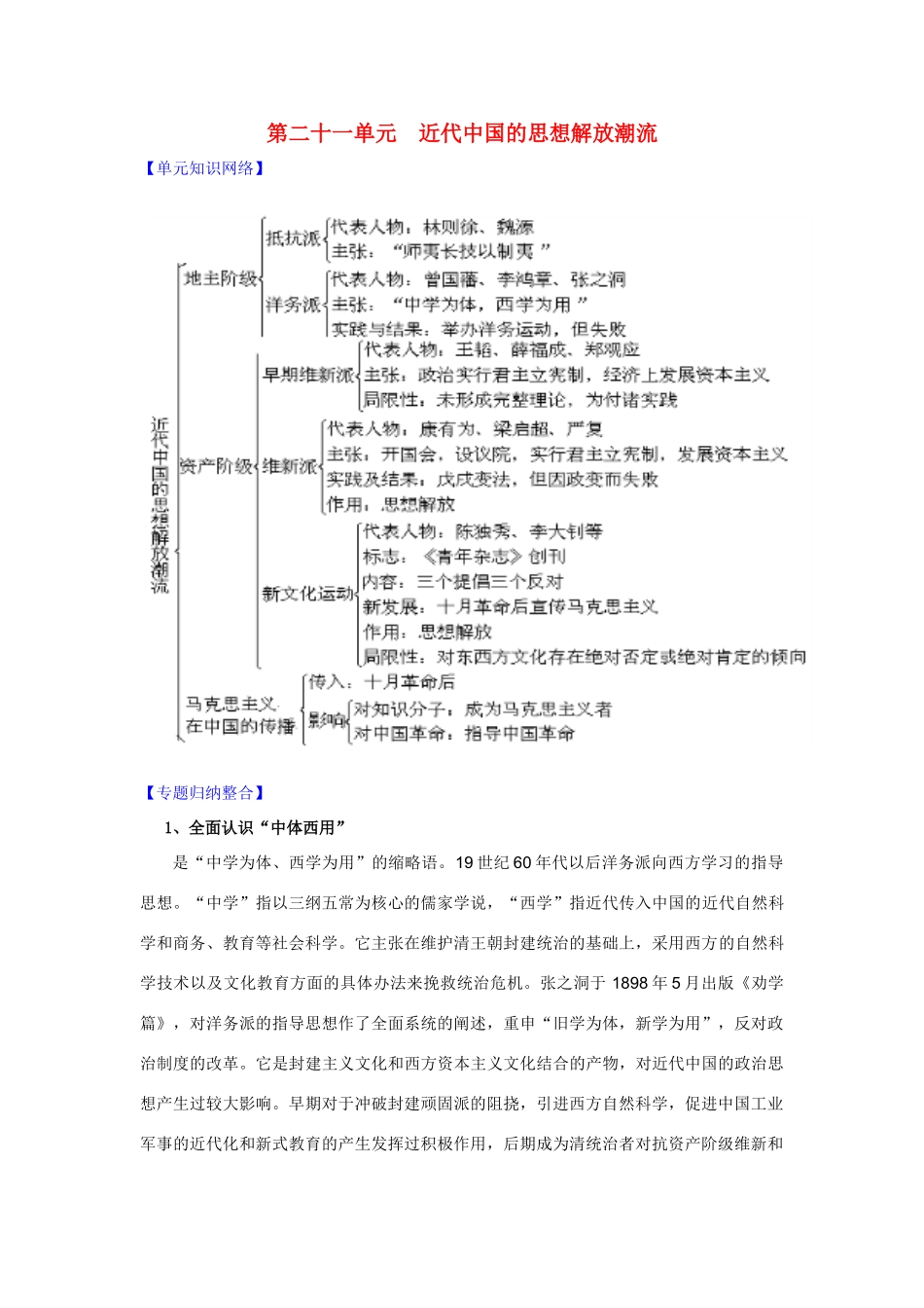 2011版高考历史一轮复习 第二十一单元《近代中国的思想解放潮流》单元复习精品学案 必修3_第1页