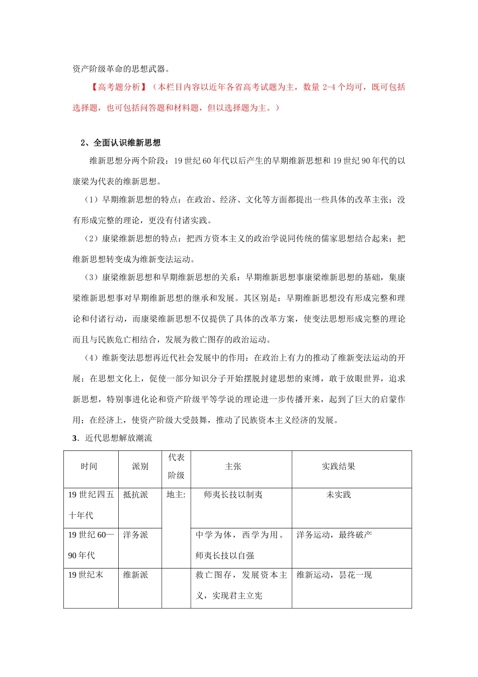 2011版高考历史一轮复习 第二十一单元《近代中国的思想解放潮流》单元复习精品学案 必修3_第2页
