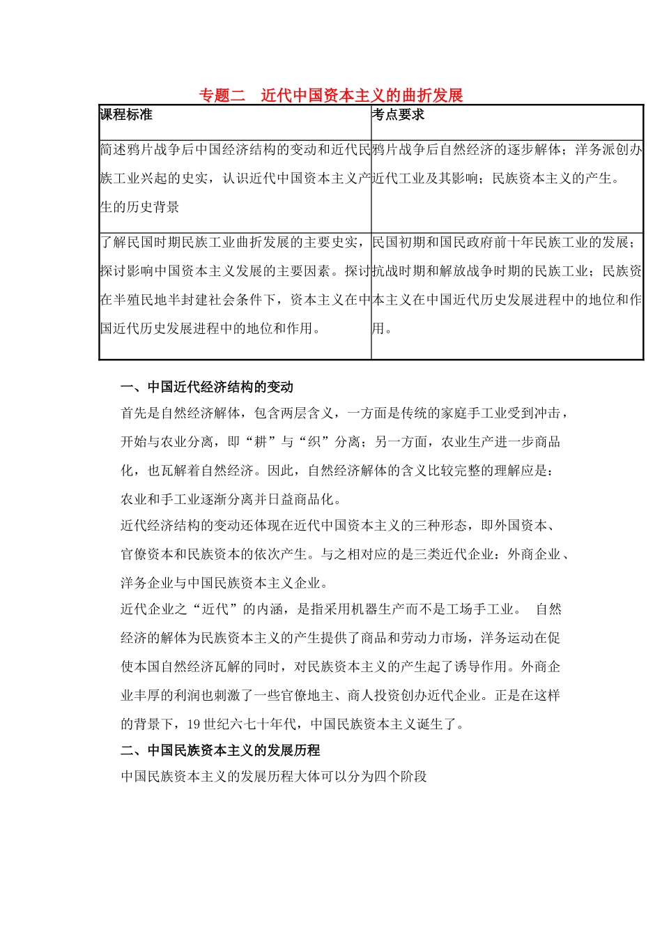 2011高考历史总复习学案练案一体化 专题二 近代中国资本主义的曲折发展 人民版必修2_第1页