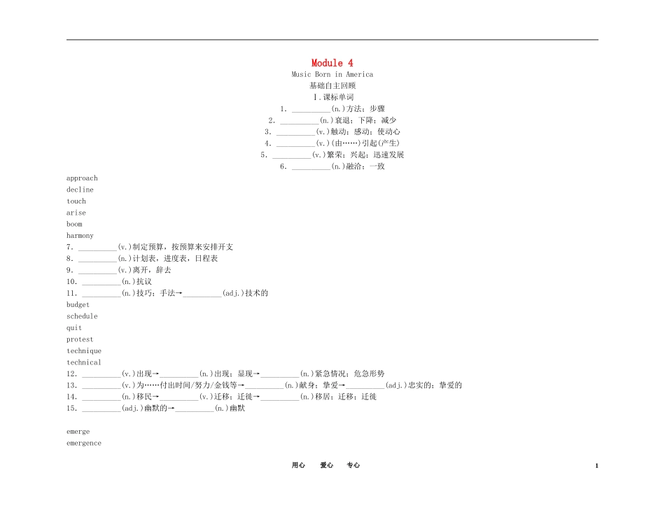 2011高考英语（外研版）总复习 学案：Module4 Music Born in America（选修7）_第1页
