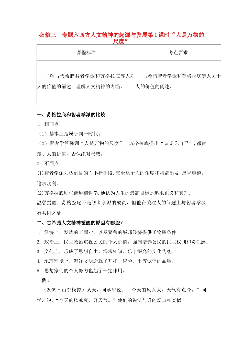 2011高考历史总复习学案练案一体化 专题六 西方人文精神的起源与发展 人民版必修3_第1页