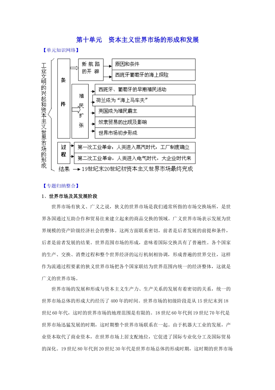 2011版高考历史一轮复习 第十单元《资本主义世界市场的形成和发展》单元复习精品学案 必修2_第1页