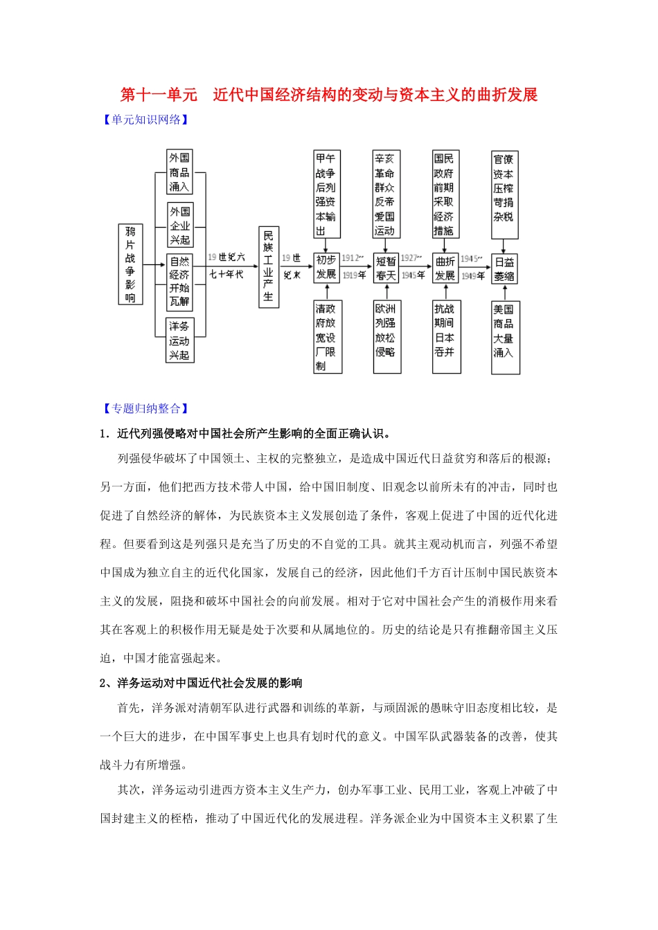 2011版高考历史一轮复习 第十一单元《近代中国经济结构的变动与资本主义的曲折发展》单元复习精品学案 必修2_第1页