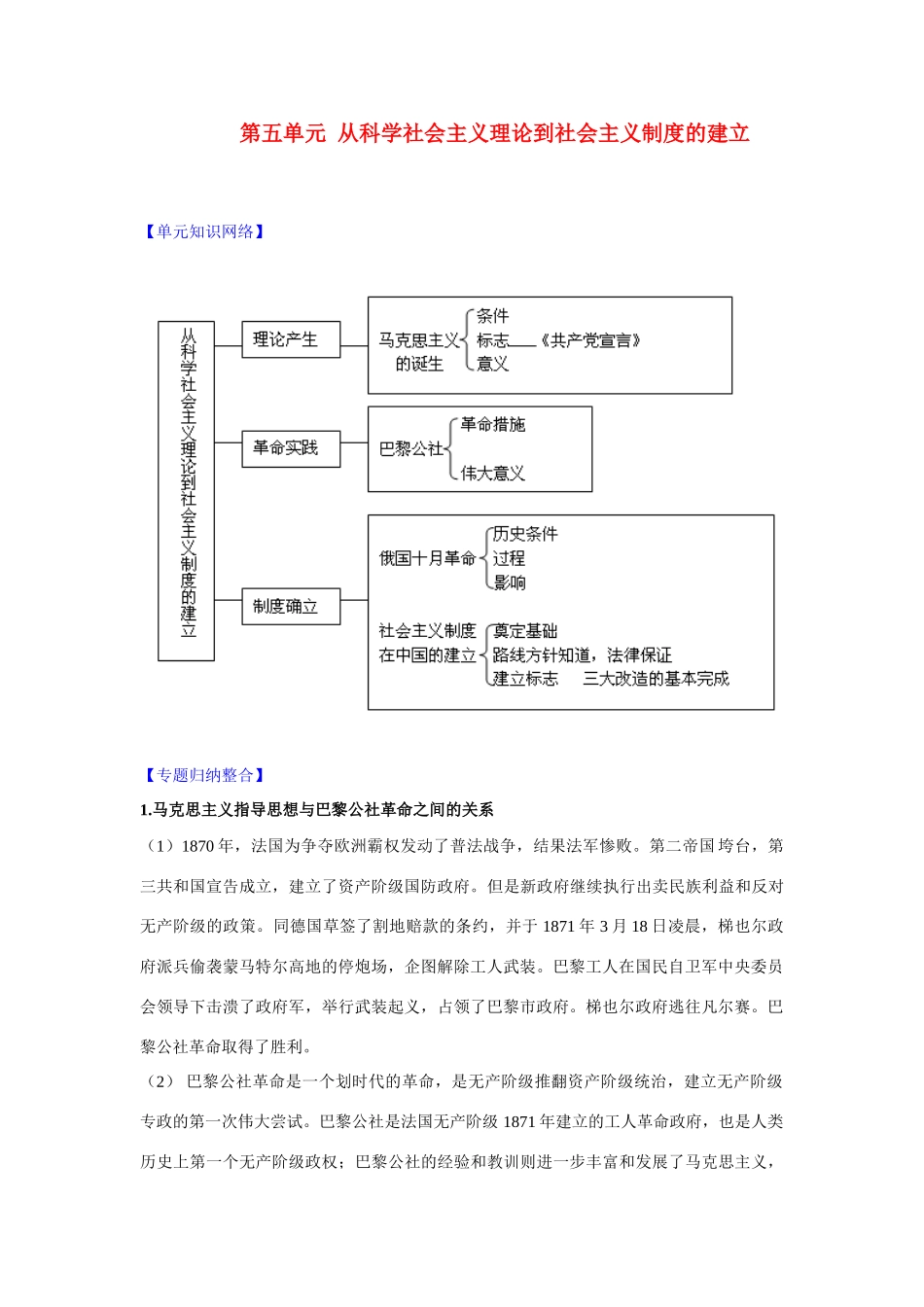2011版高考历史一轮复习 第五单元 《从科学社会主义理论到社会主义精品学案 必修1_第1页