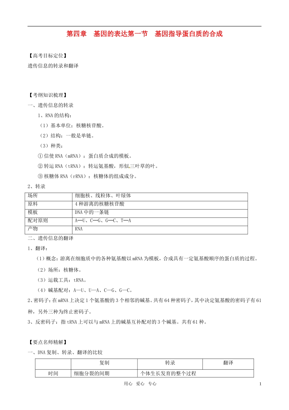 2011版高考生物一轮复习 41 基因指导蛋白质的合成精品学案 新人教版必修2_第1页