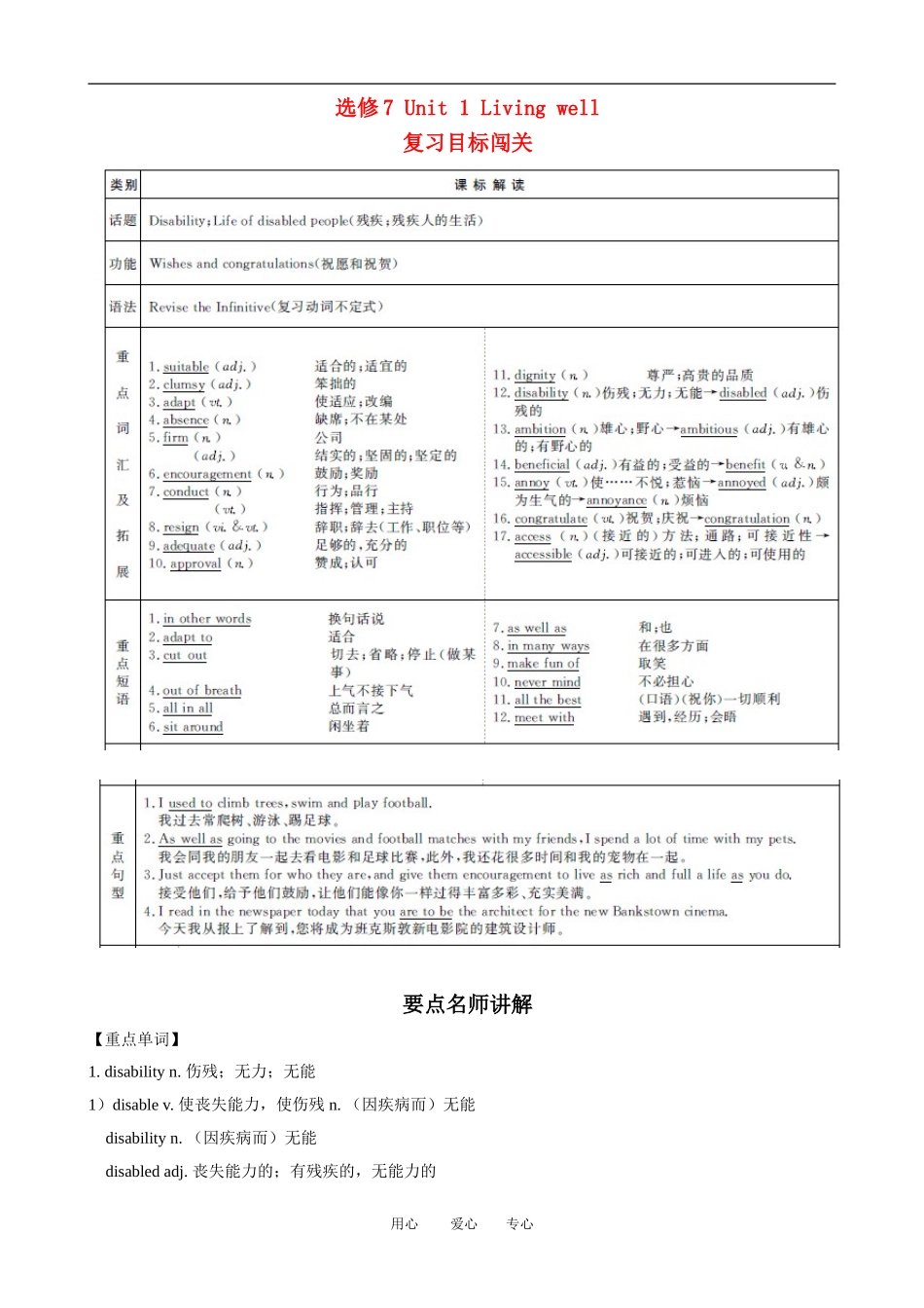 2011版高考英语一轮复习 Unit1 Living well精品学案 新人教版选修7_第1页