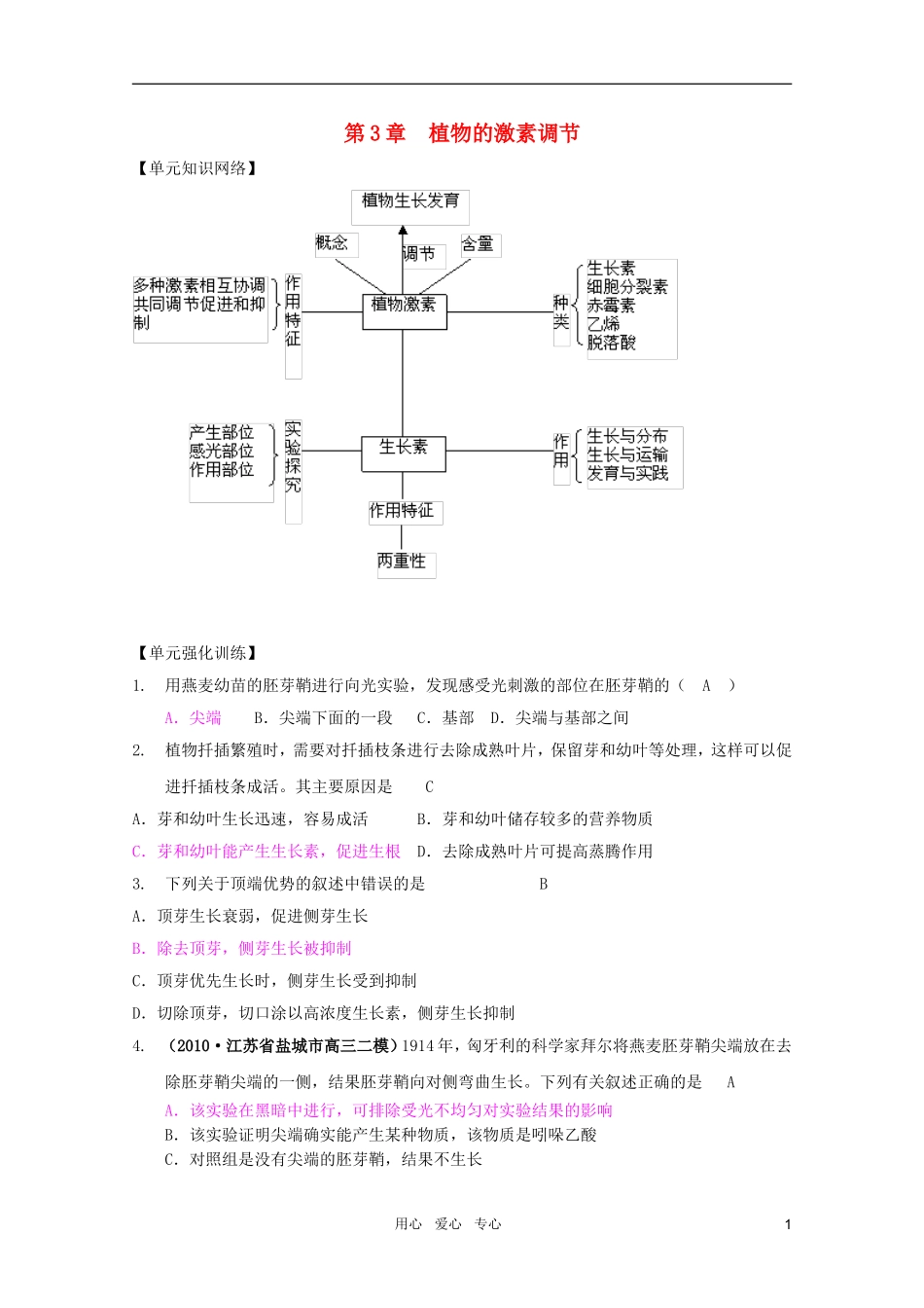 2011高考生物一轮复习 第3章 植物的激素调节精品复习学案 必修3_第1页