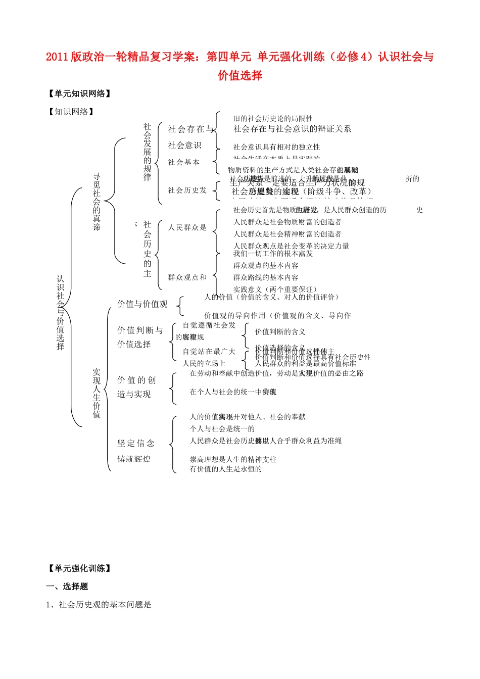 2011版高考政治一轮精品复习学案 第四单元 单元强化训练 新人教版必修4_第1页
