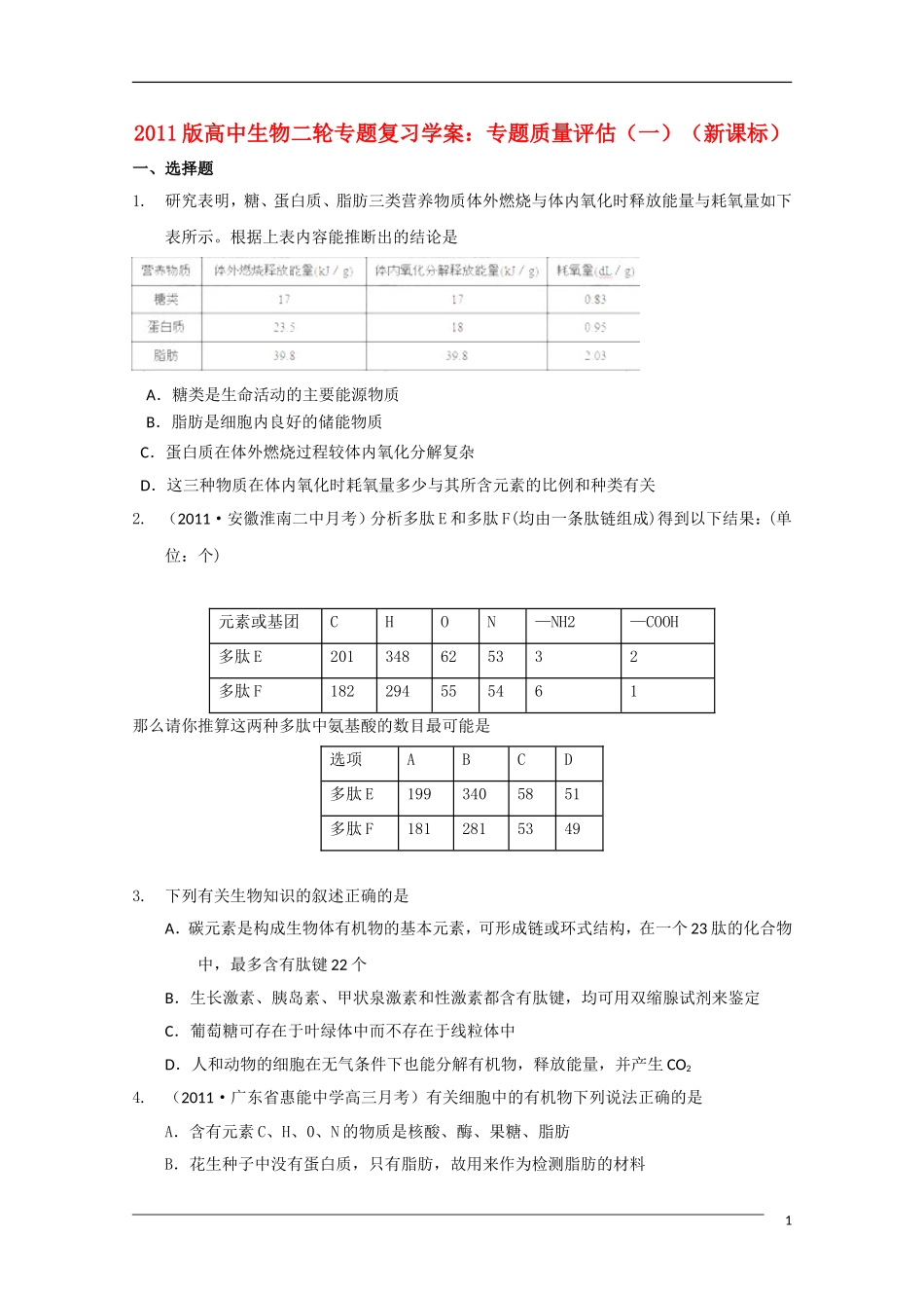2011版高中生物二轮专题 专题质量评估（一）复习学案 新课标_第1页