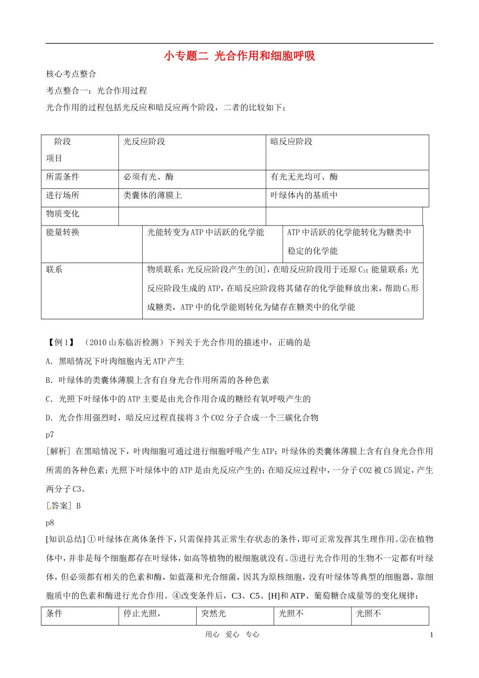 2011高三生物二轮复习 专题2 细胞代谢2 光合作用和细胞呼吸学案_第1页