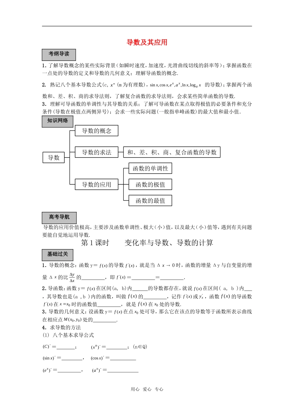 2011高考数学一轮复习精讲精练系列 导数及其应用教案（上册）_第1页