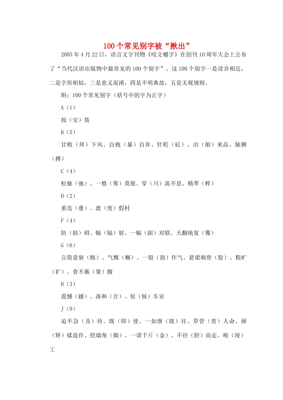 2011高考语文 100个常见别字总复习_第1页