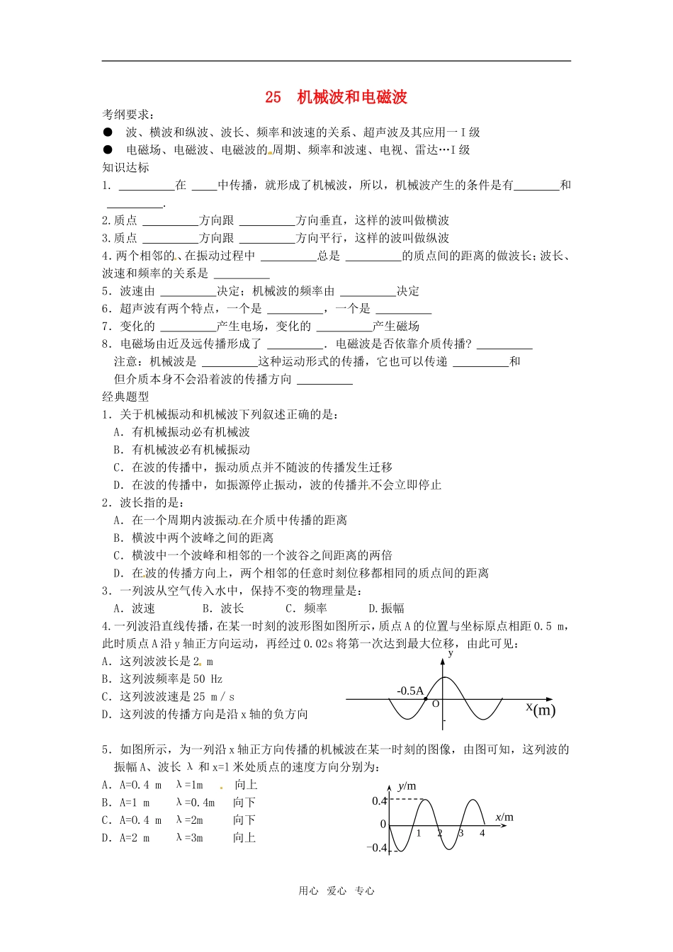 2011高考物理复习25-机械波和电磁波（学案+训练）新人教版_第1页