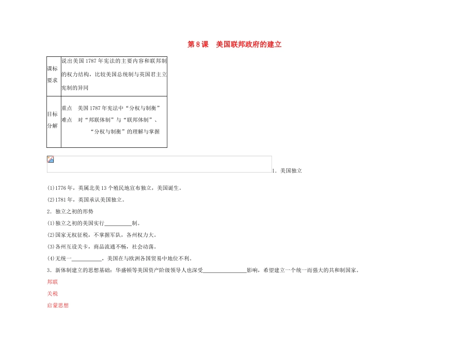 2011高中历史总复习 第8课 美国联邦政府的建立55精品学案 新人教版_第1页