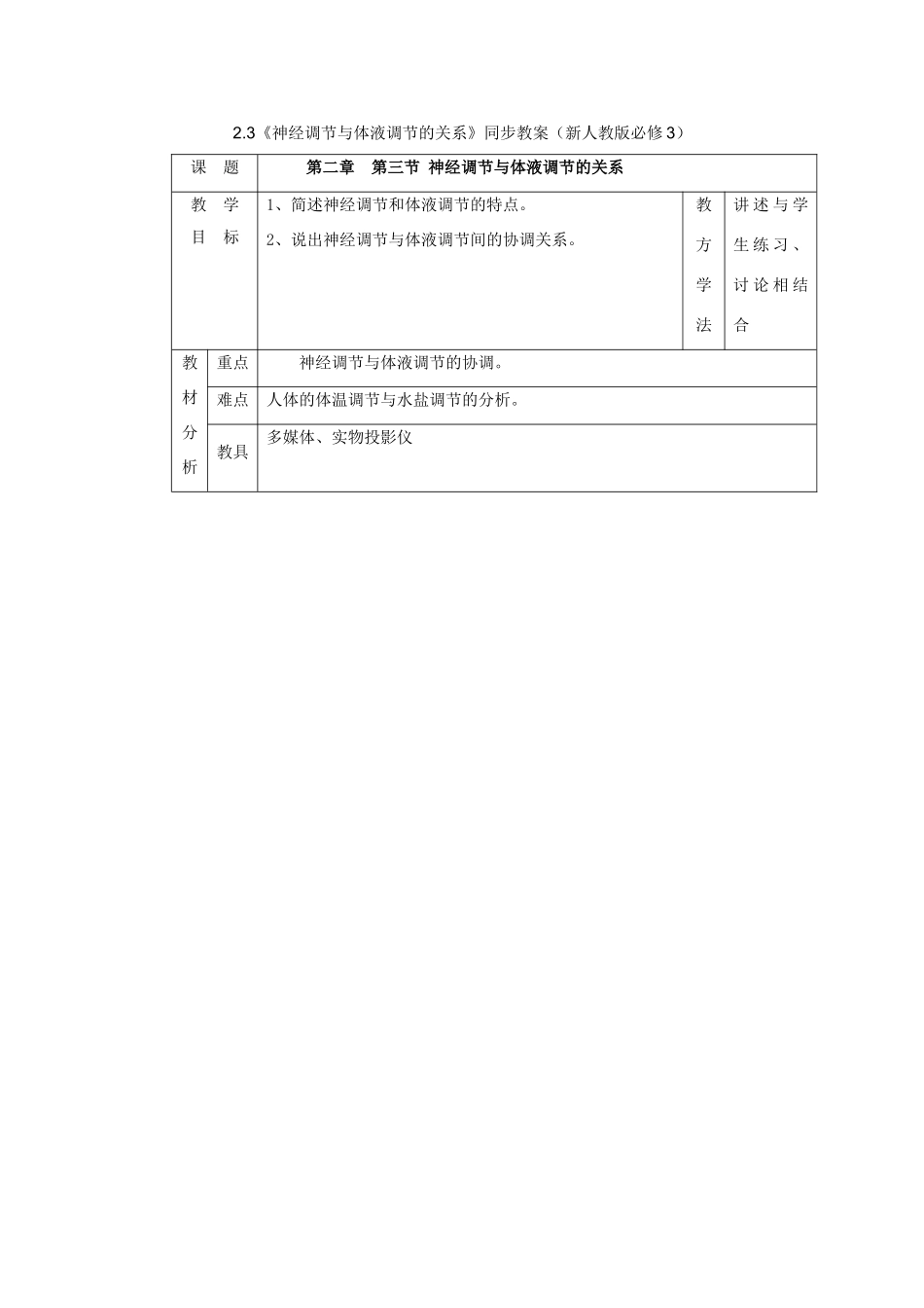 2011高中生物 2.3《神经调节与体液调节的关系》同步教案 新人教版必修3_第1页