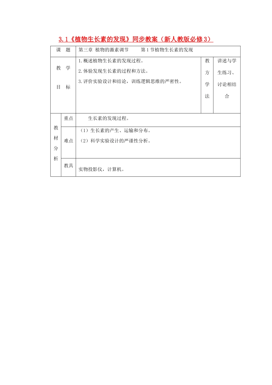 2011高中生物 3.1《植物生长素的发现》同步教案 新人教版必修3_第1页